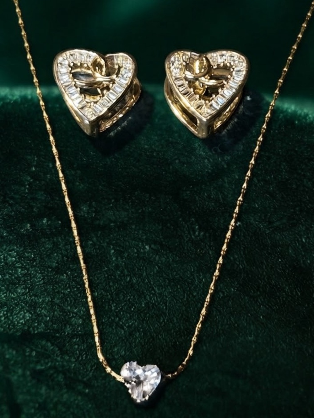 Gold Heart Chocker Necklace and Earrings Set with Clear Crystal Accent Heart